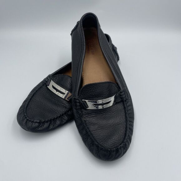 Coach Fredrica Black Pebbled Leather Moccasin Driving Loafer Slip On Shoes 7.5 - Picture 1 of 10